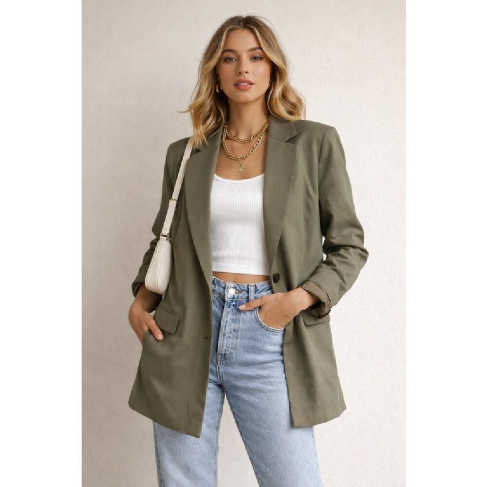 Rumored Olive Green Longline Blazer Jacket Womens M Casual Utility Work Layering